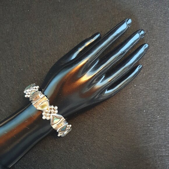 Bold Vintage Mexico Taxco 925 Sterling Silver Abalone Inlaid Statement Bracelet - Picture 14 of 16